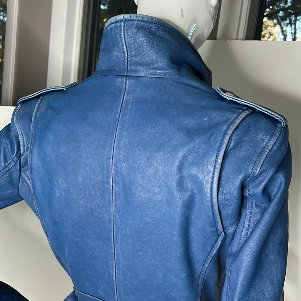 IRO ASHVILLE SZ 36 / US 4 LAMB LEATHER JACKET BLUE DENIM